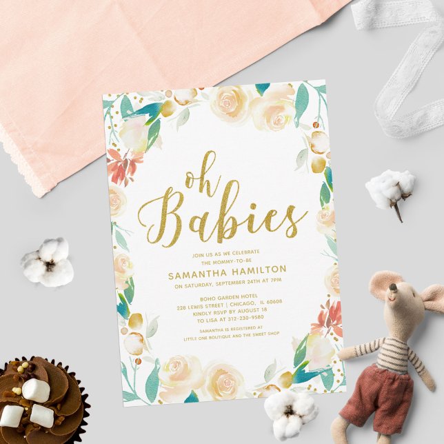 Oh Babies Peach Floral  Glitter Twins Baby Shower Invitation (Creator Uploaded)