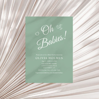Oh Babies Sage Green Twin Baby Shower Invitation