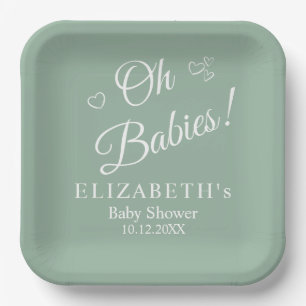 Oh Babies Sage Green Twin Baby Shower Paper Plates