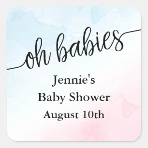 Oh Babies Script Pink/Blue Baby Shower Favour Squa Square Sticker