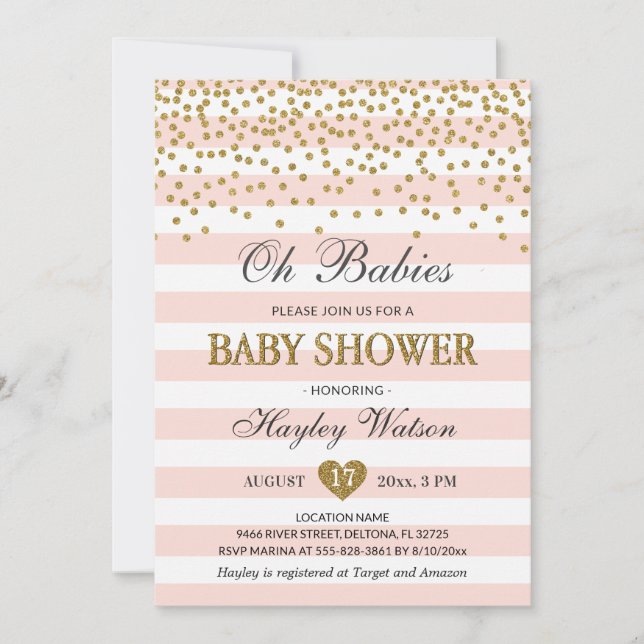 Oh Babies Twin Girls Blush Pink Gold Baby Shower Invitation (Front)