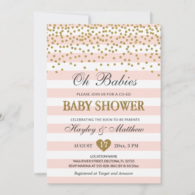 Oh Babies Twin Girls Co-ed Baby Shower Blush Gold Invitation (Front)