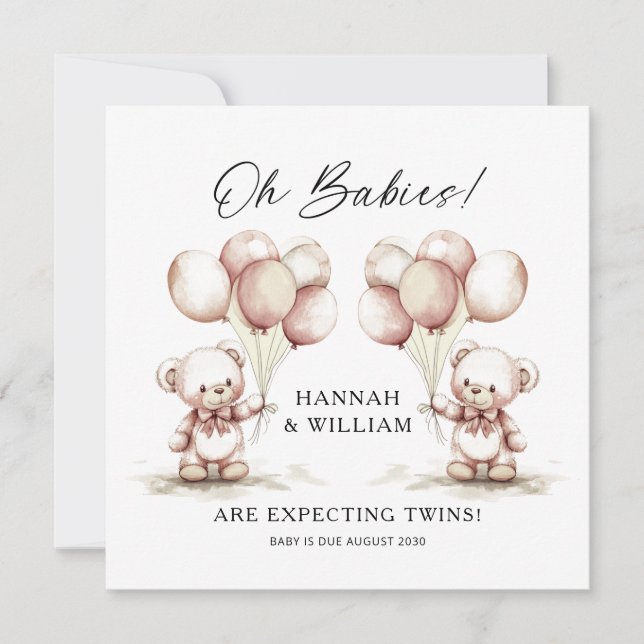 Oh Babies Twins Cute Watercolor Bears Baby Shower Announcement (Front)