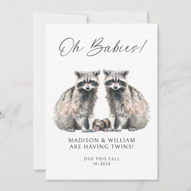 Oh Babies Twins On The Way Cute Twin Raccoons Invitation (Front)