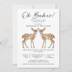 Oh Babies Twins Watercolor Deers Baby Shower Invitation