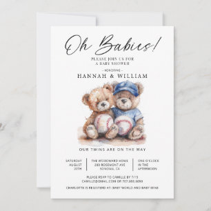 Oh Babies Twins Watercolor Teddy Bears Baby Shower Invitation