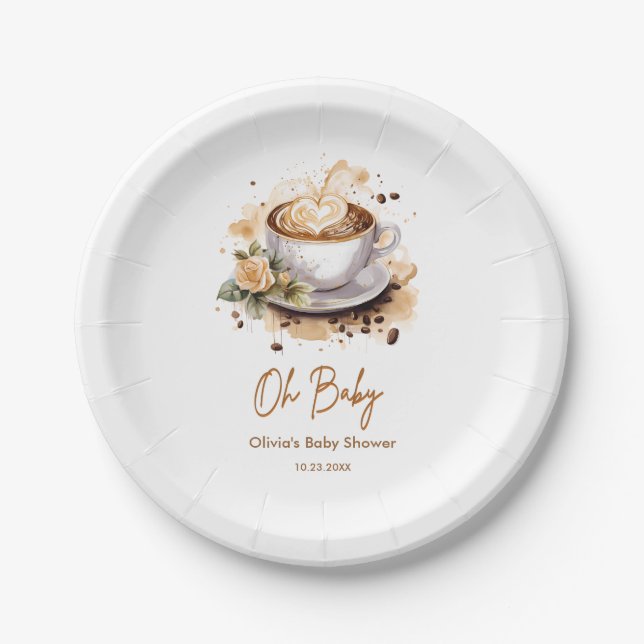 Oh Baby A Baby is Brewing Brown Coffee Baby Shower Paper Plate (Front)
