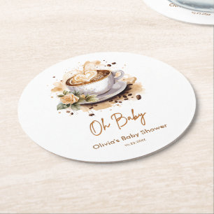 Oh Baby A Baby is Brewing Brown Coffee Baby Shower Round Paper Coaster