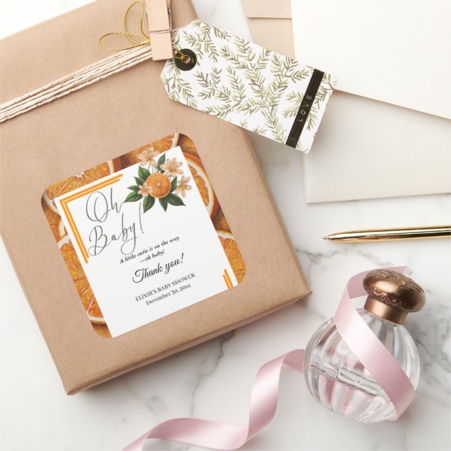 Oh Baby A Little Cutie Orange Citrus Baby Shower Square Sticker (Gifting)