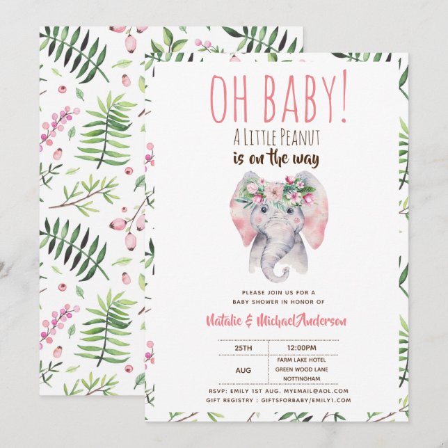 Oh Baby A Little Peanut Elephant Baby Shower Boho Invitation (Front/Back)