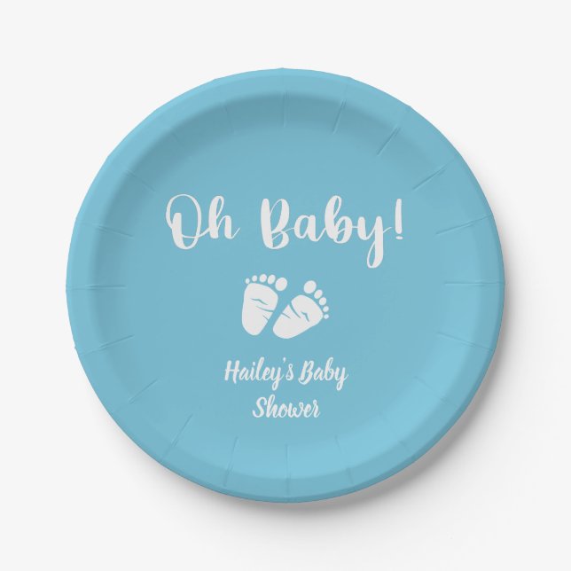 Oh Baby | Baby Feet Blue Baby Boy Shower Paper Plate (Front)