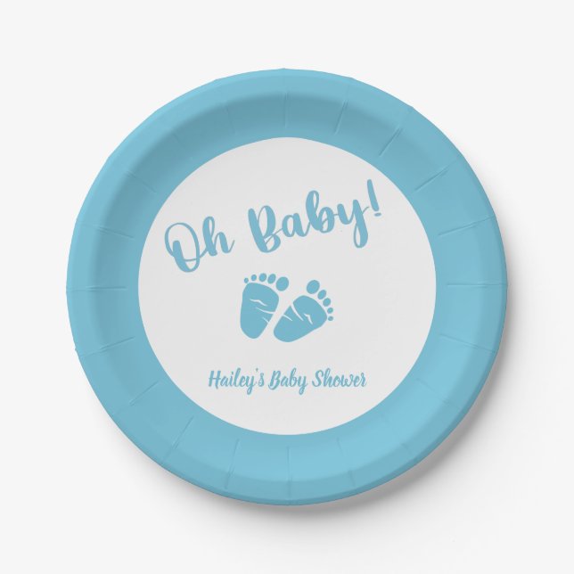 Oh Baby Baby Feet Blue Boy Baby Shower Paper Plate (Front)