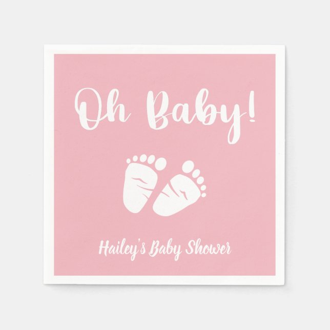 Oh Baby Baby Feet | Girl Pink White Baby Shower Napkin (Front)