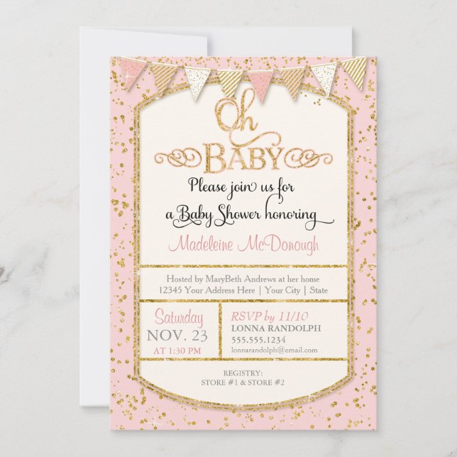 OH Baby Baby Girl Shower Typography Gold Glitter Invitation (Front)