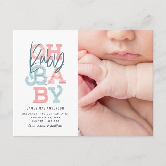 Oh baby baby modern photo birth announcement postcard (Front)