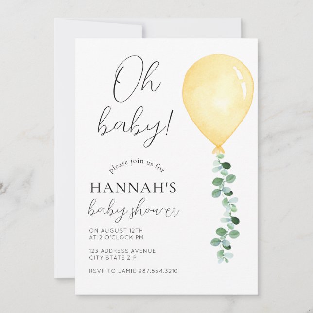 Oh Baby, Baby Shower Invitation, Yellow Balloon Invitation (Front)