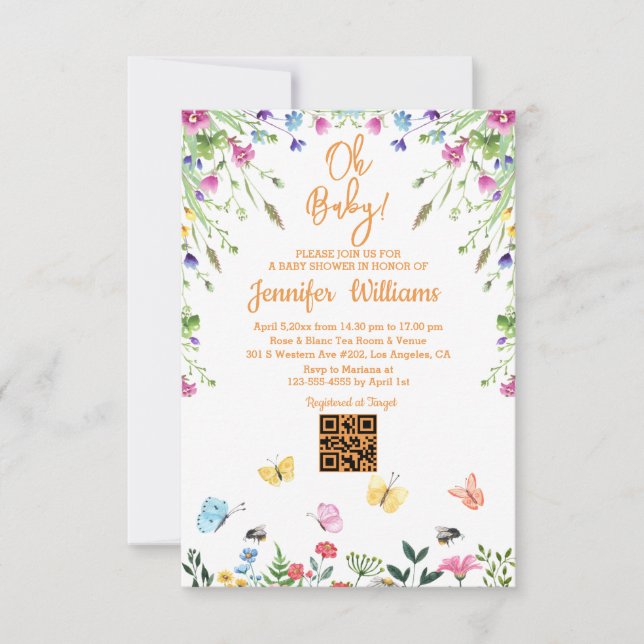oh baby,baby shower qr code floral orange invitation (Front)
