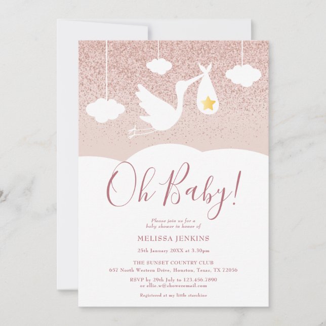 Oh Baby Baby Shower Stork Rose Gold Glitter Invitation (Front)