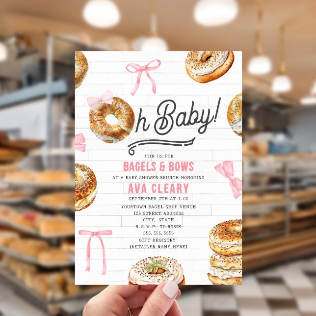 Oh Baby Bagels & Bows Pink Baby Shower Brunch Invitation (Creator Uploaded)