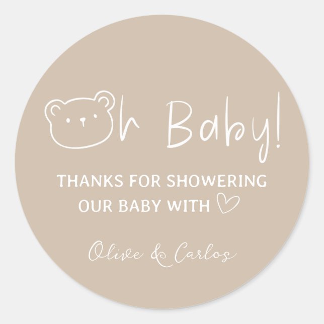 Oh Baby Bear and Heart Thank You Baby Shower Classic Round Sticker (Front)
