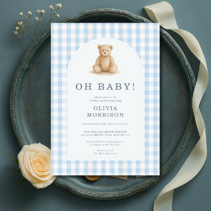 Oh Baby Bear Blue Gingham Baby Shower Invitation