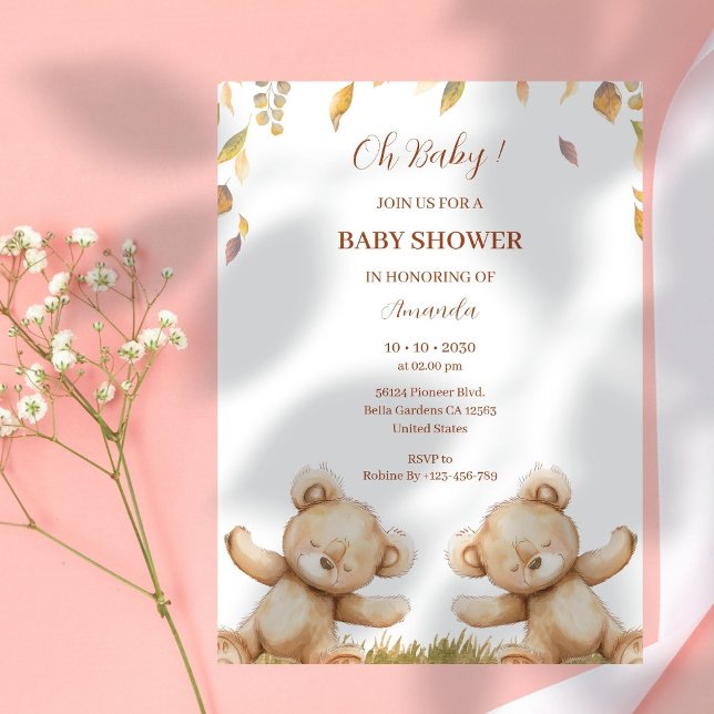 Oh Baby Bear Sleep Cute Fall Leaves Baby Shower Invitation (Creator Uploaded)