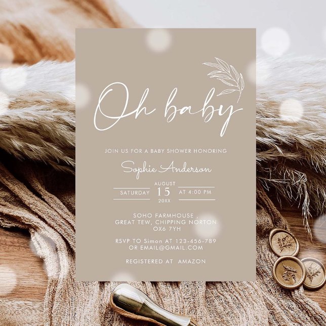 Oh Baby Beige Gender Neutral Modern Baby Shower Invitation (Creator Uploaded)