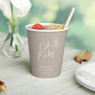 Oh Baby Beige Gender Neutral  Modern Baby Shower  Paper Cups