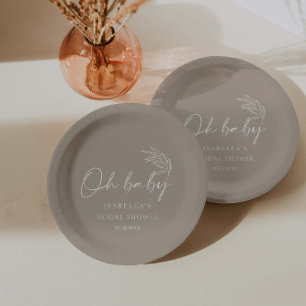 Oh Baby Beige Gender Neutral  Modern Baby Shower Paper Plate