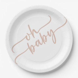 "Oh Baby" Beige Script Baby Shower Paper Plate