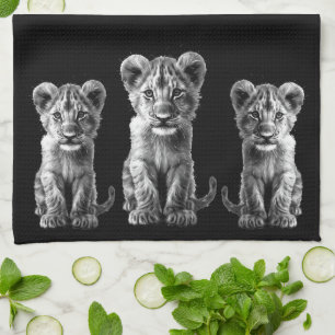Oh Baby Big Cat Grey Cub Black Tea Towel