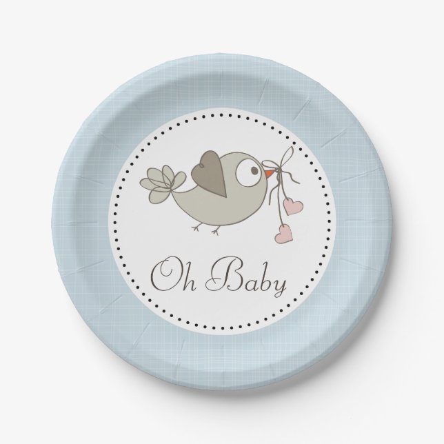 Oh Baby Bird Blue Baby Shower Paper Plate (Front)