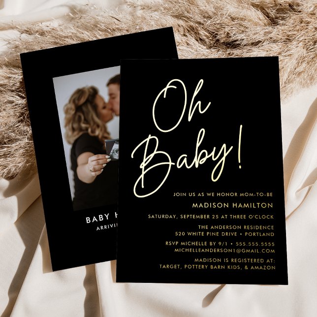 Oh Baby Black and Gold Script Photo Baby Shower (Creator Uploaded)