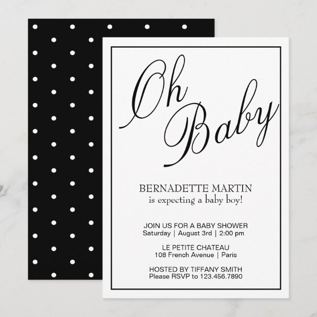 Oh Baby Black and White Elegant Baby Shower Invitation (Front/Back)