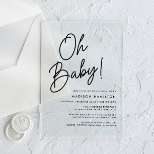 Oh Baby Black Script Minimalist Baby Shower Acrylic Invitations