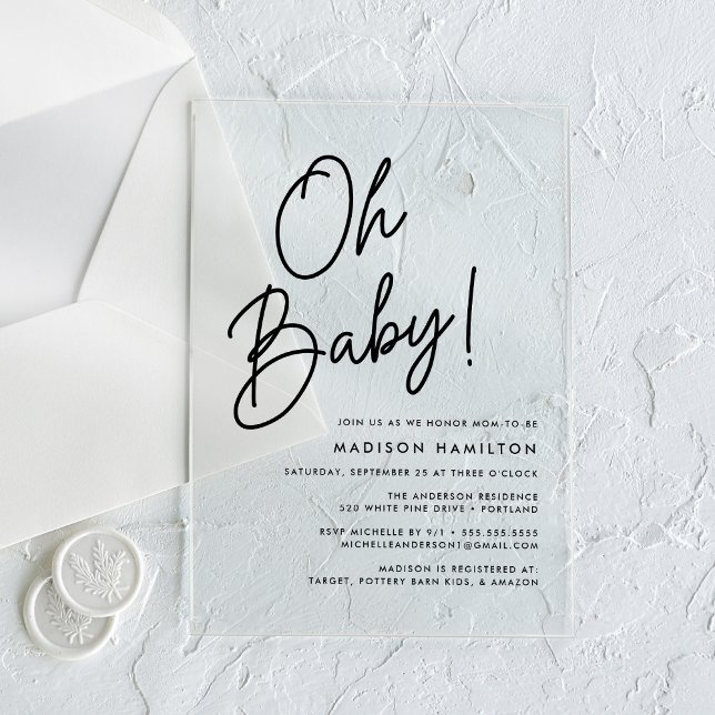 Oh Baby Black Script Minimalist Baby Shower Acrylic Invitations (Creator Uploaded)
