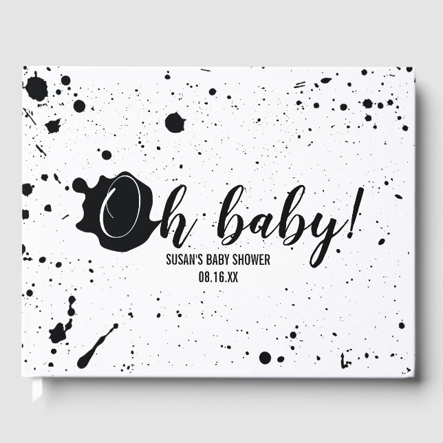 Oh Baby Black + White Splatter Unisex Baby Shower Guest Book (Front)