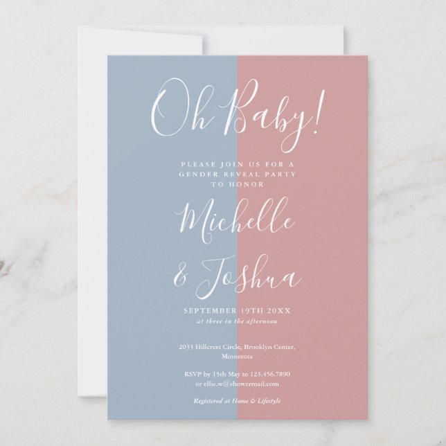 Oh Baby Blue And Pink Gender Reveal Party Invitation (Front)