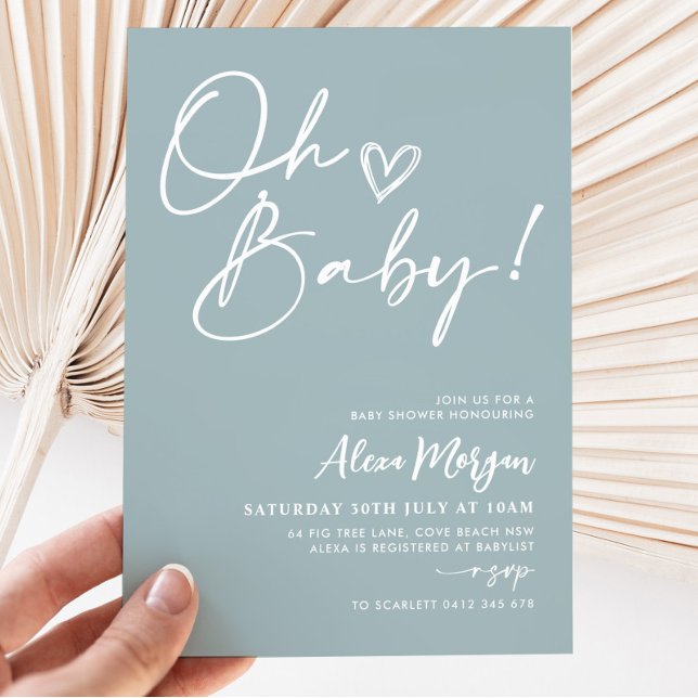 Oh Baby Blue Baby Shower Invitation Minimalist (Oh Baby Baby Shower Invitation | Matching items available.)