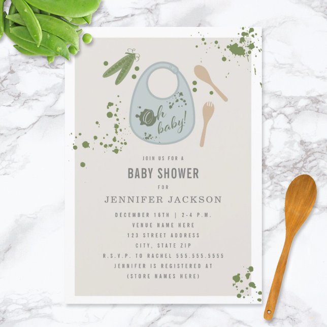 Oh Baby Blue Bib Peas Fork Spoon Boy Baby Shower Invitation (Creator Uploaded)