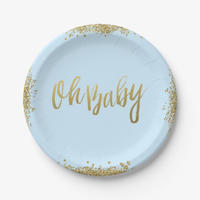 Oh Baby Blue Faux Gold Glitter Baby Shower Paper Plate (Front)