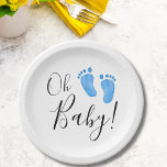 Oh Baby Blue Feet Baby Shower Paper Plate<br><div class="desc">These cute Boy's Baby Shower paper plates are decorated with modern typography and watercolor baby's feet in pastel blue.
Because we create our artwork you won't find this exact image from other designers.
Original Watercolor © Michele Davies.</div>