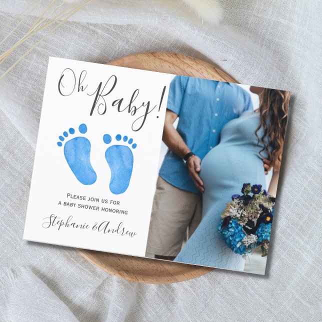Oh Baby Blue Feet Photo Baby Shower Invitation (Creator Uploaded)
