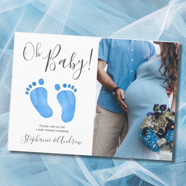 Oh Baby Blue Feet Photo Boy Baby Shower Invitation (Creator Uploaded)