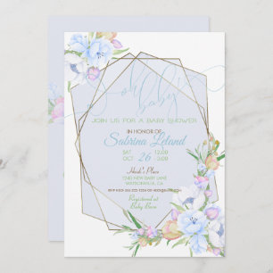 Oh Baby Blue Floral Baby Shower Crystal Frame Invitation