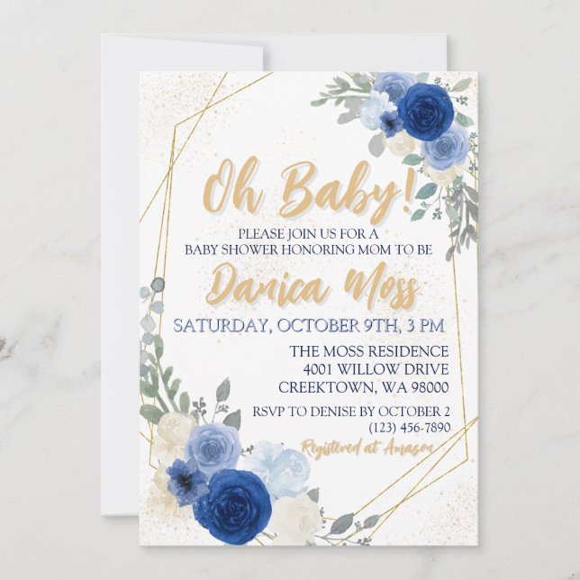 Oh Baby Blue Floral Baby Shower Invitation (Front)