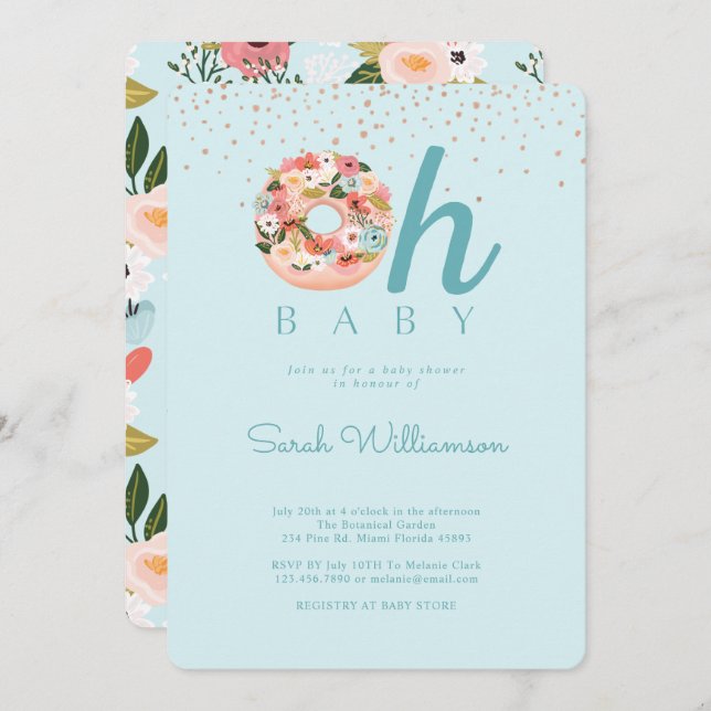 Oh Baby Blue Floral Botanical Doughnut Baby Shower Invitation (Front/Back)