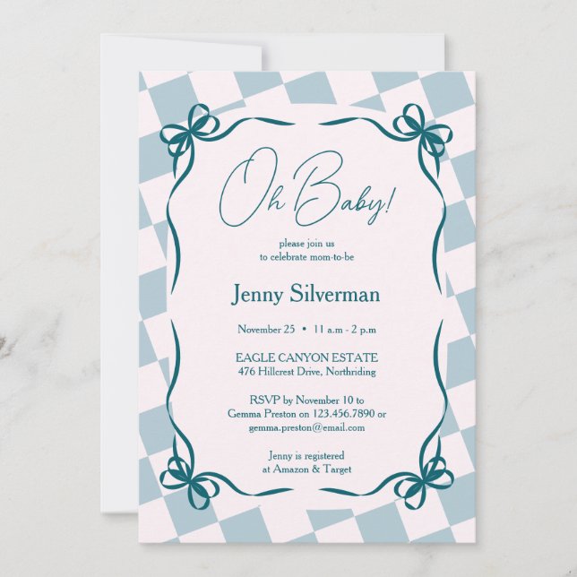 Oh Baby Blue Gingham Bows Baby Shower Invitation (Front)