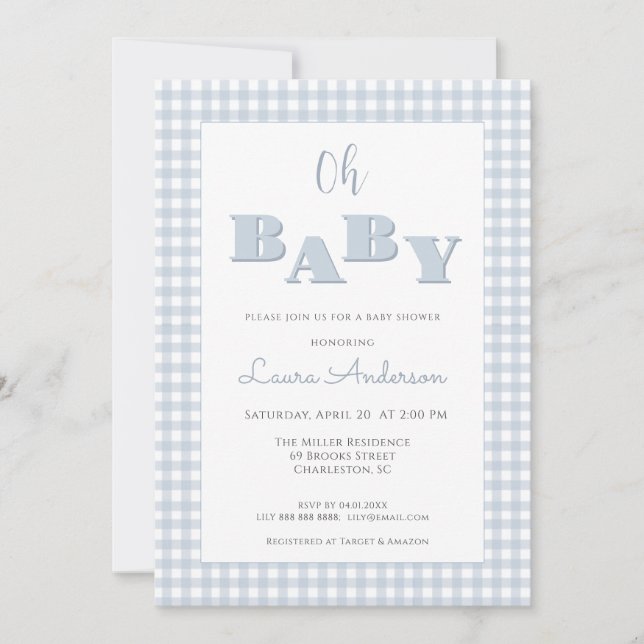 Oh Baby Blue Gingham Check Boy Baby shower  Invitation (Front)