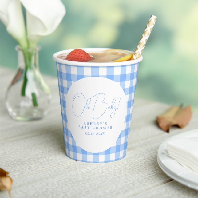 Oh baby blue gingham personalised baby shower paper cups (Insitu)